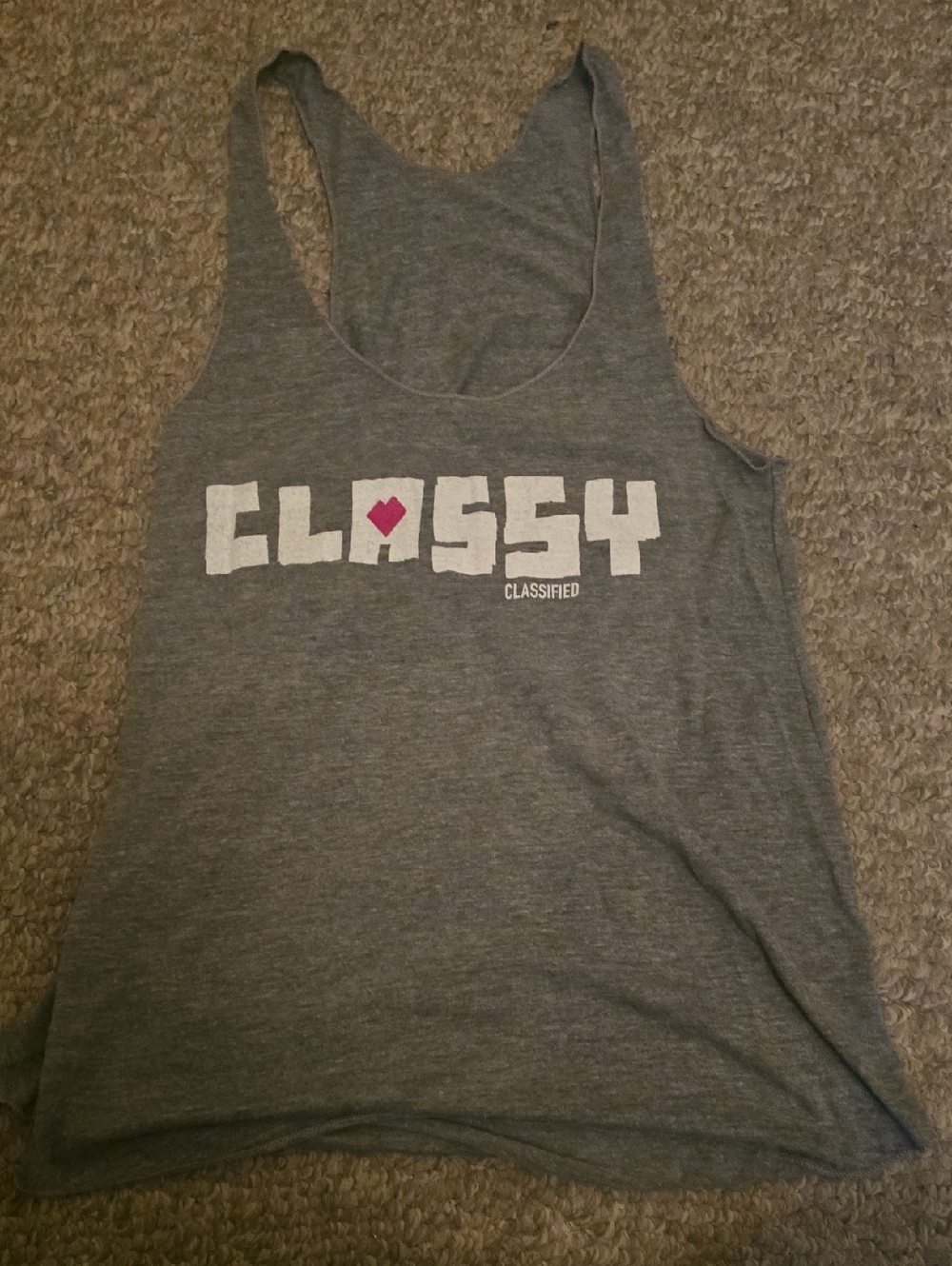 Classified Gray Racerback Tank with 'CLASSY' Graphic and Pink Heart